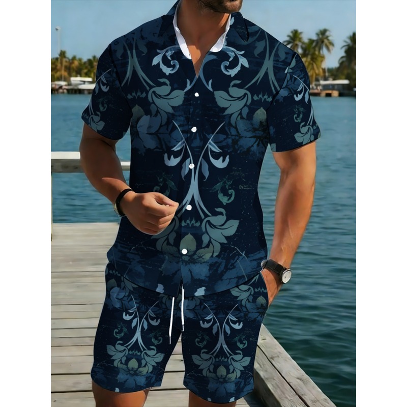 Printed Floral Shirt - Navy Blue Floral Printed Men's Short