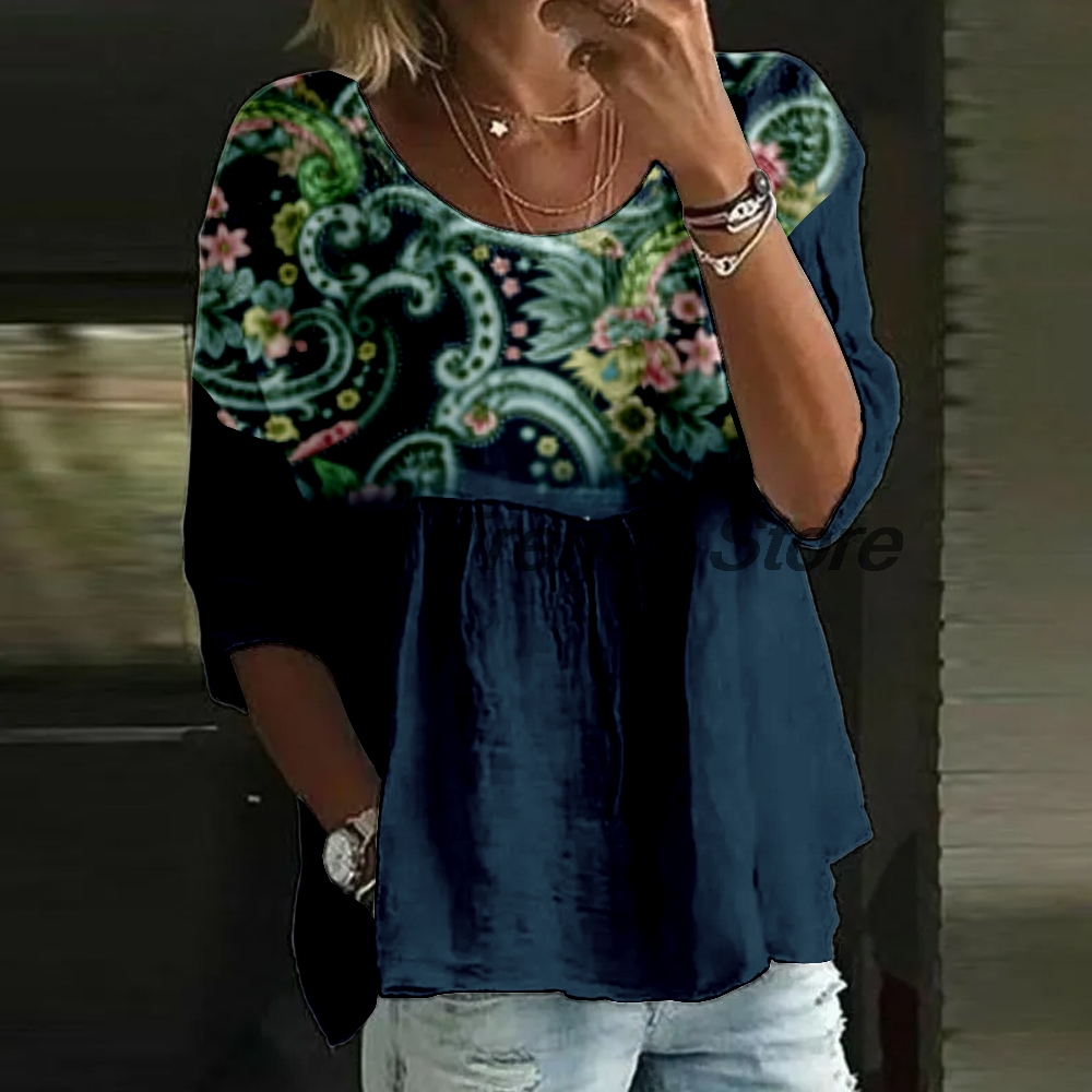 Printed Floral Shirt - Women's Casual Floral Print 3/4 Sleeve