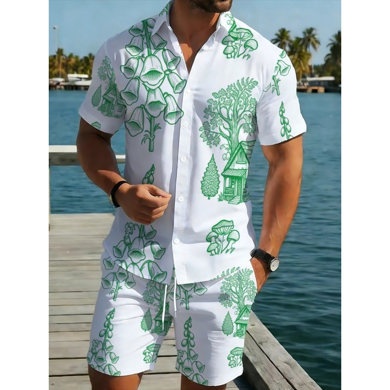 Printed Floral Shirt - Men's Lightweight Polyester Beach Vacation Set