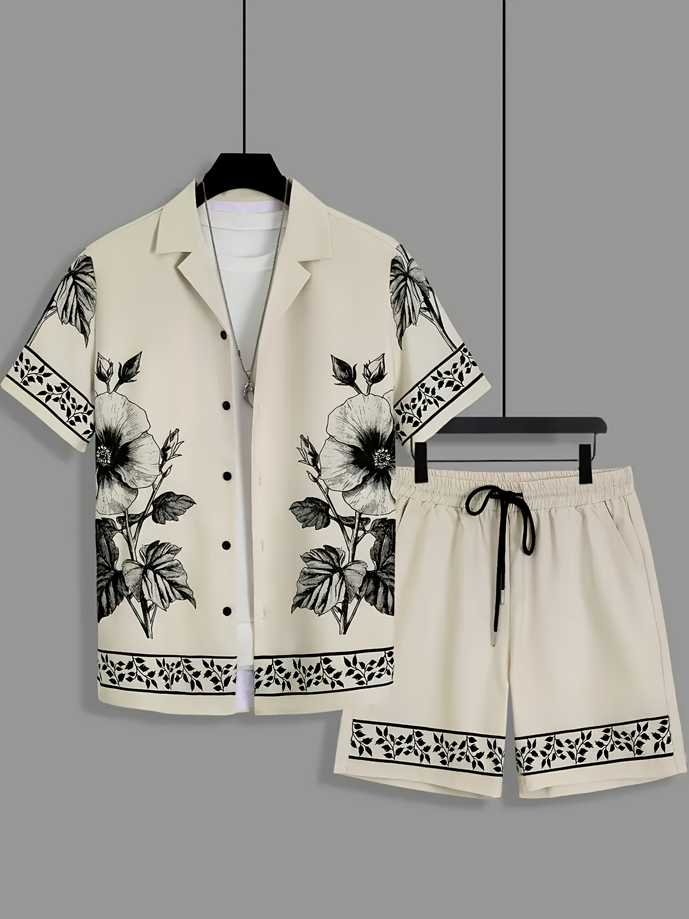 Printed Floral Shirt - Men Loose Two‑Piece Set Sketch Floral